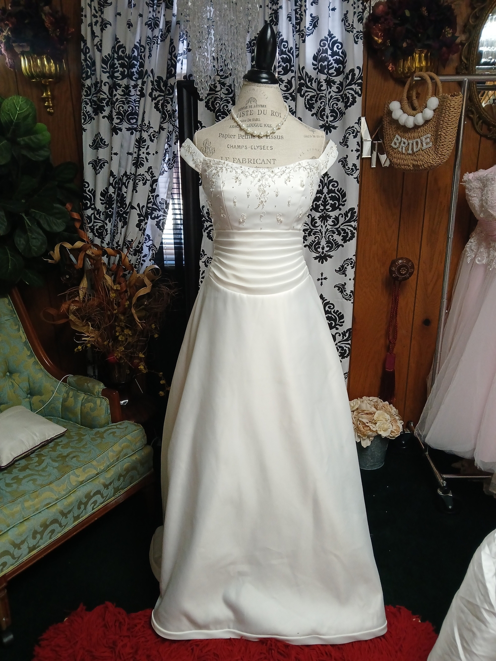 Mori Lee Off-the-Shoulder Ivory A-Line Wedding Gown with Embroidered Bodice
